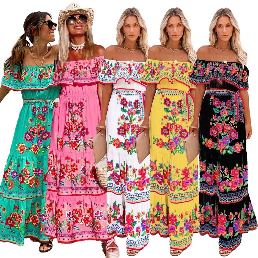 Été Y56 Impression florale mexicaine au large des robes d'été des femmes