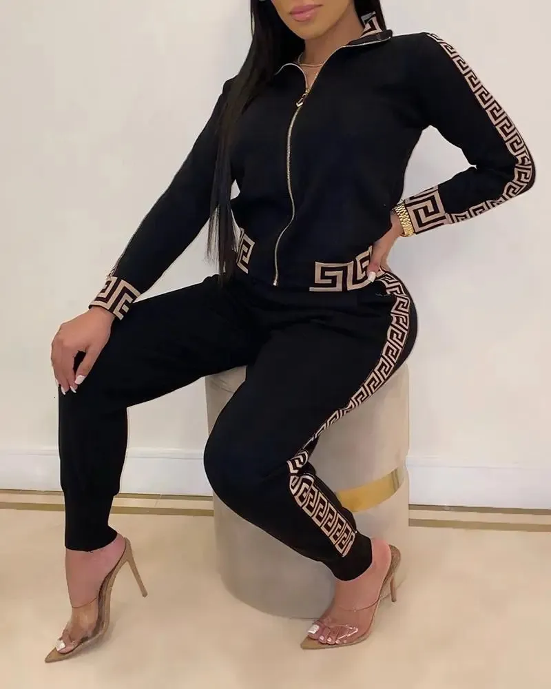 Tracksuits Femmes Elegant Two-Pieces Suit Suit Femme Elemy Plus Size Greek Fret Print Coat Pant Zip Set Joggers Femmes 240516