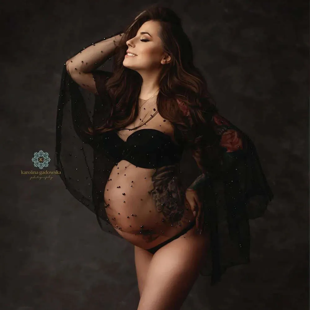 セクシーなマタニティ写真撮影チュールパール妊娠ドレス写真プロップマキシガウンドレス妊婦服