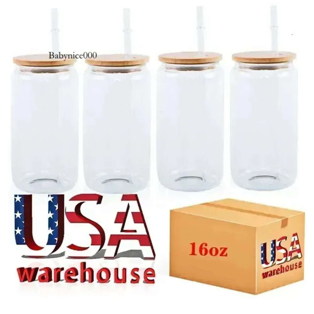 USA CA STOCK 16 once di sublimazione Bianchi di vetro Blanks Copertina in bambù Can Can Borosilicato Tumbler Mason Jar tazze di tazze con paglia di plastica 50pc/c 4.23 0516