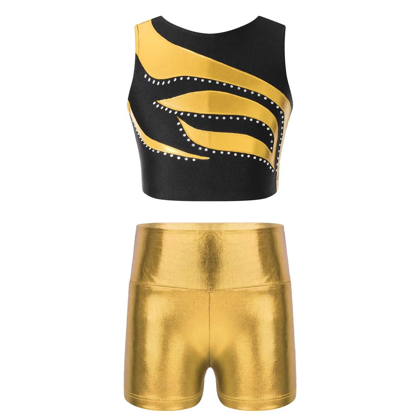 DHgate Shimmery Kids Dancewear Set Metallic Crop Top High Waist Shorts for Gymnastics Cheer Stage Performances Baby Kids Maternity