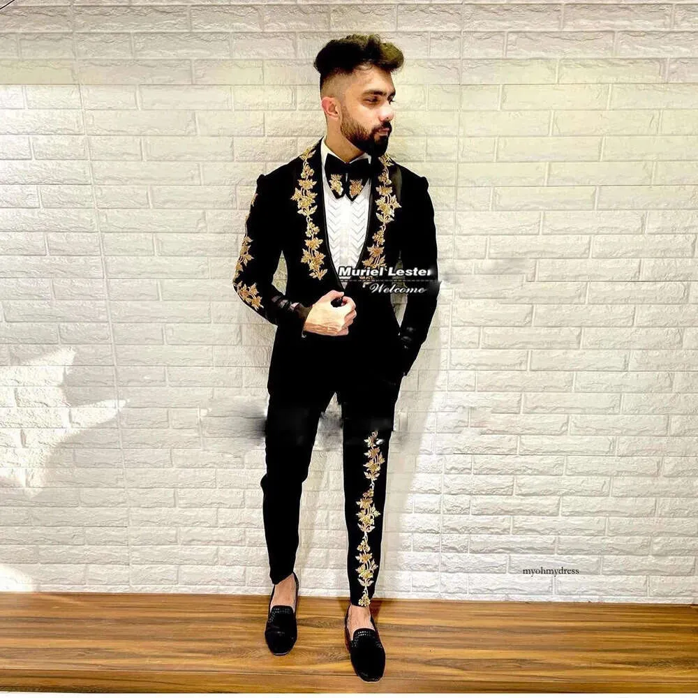 Prom Suit All Black Tux With Gold Bow Tie Mens Gold Applique Slim