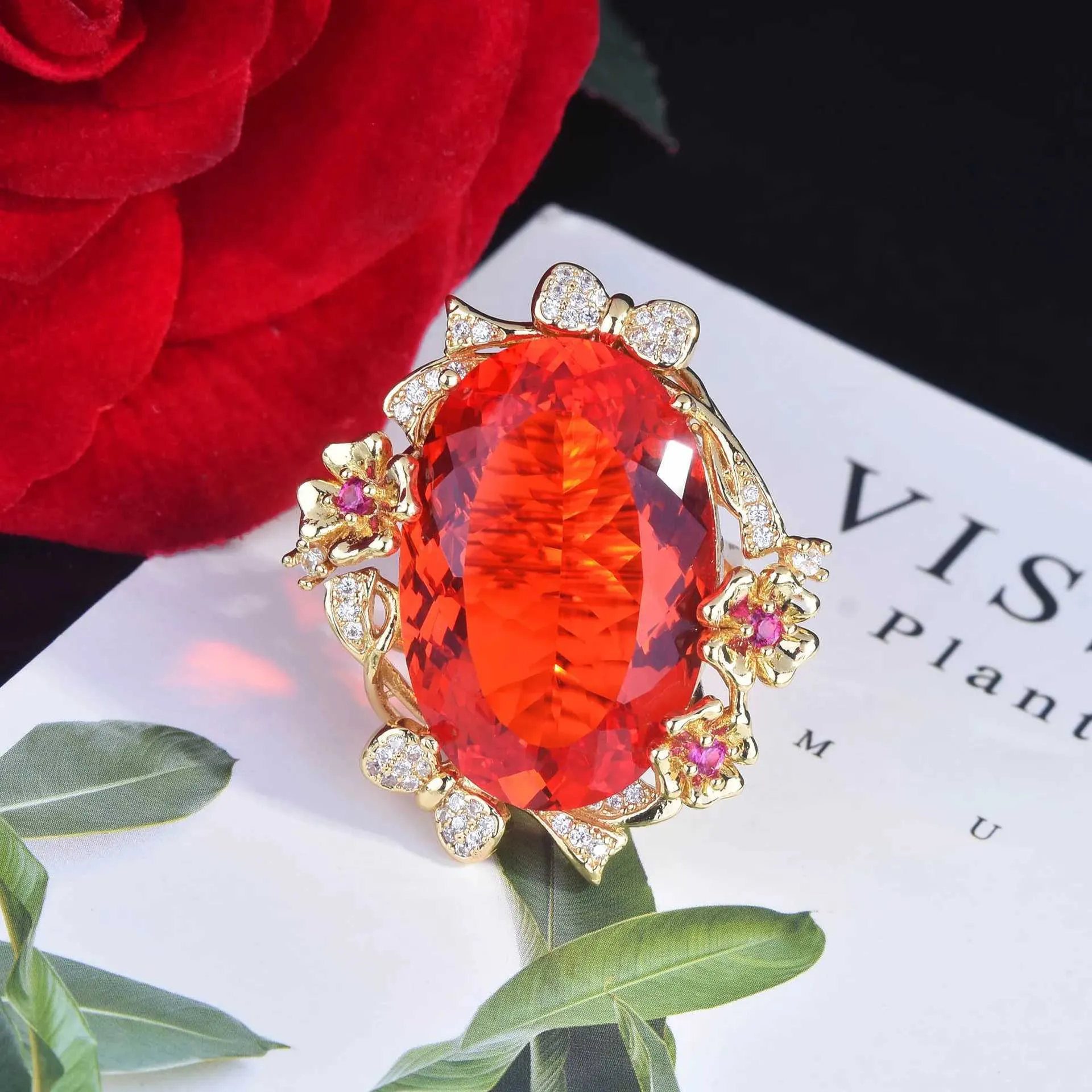 Wedding Rings Foydjew New Luxury 20*30mm Orange Big Stone Simulation Fanta Padparadscha Color Gemstone Open Adjustable Ring For Women Q240514