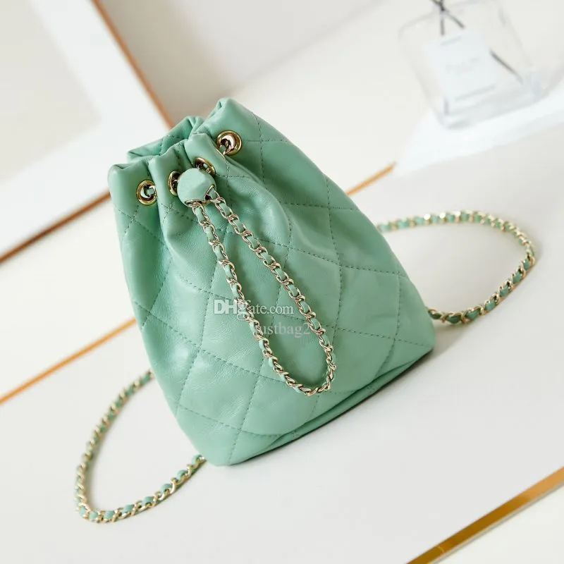 Designer Bucket Bag Shiny Lambskskin Backack Dames Luxe Fashion Classic Green Pink schattige schoudertassen Crossbody Tassen Handtassen Goud-Tone Metal High Quality