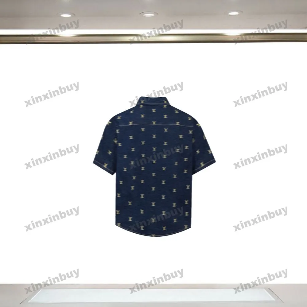 Xinxinbuy Men Designer Tee Tシャツ2024イタリアゴールドレター刺繍デニムシャツ短袖女性ブラックホワイトブルー特大S-2xl