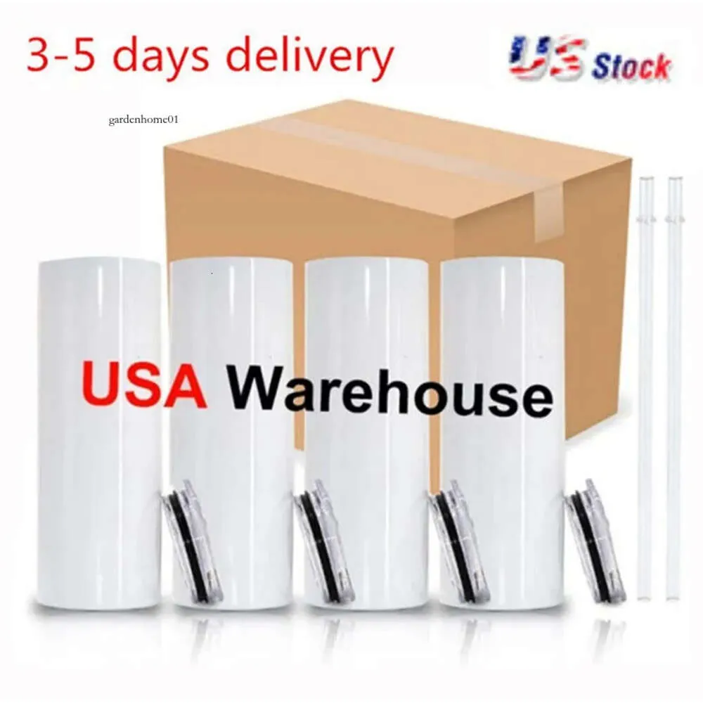 US CA Warehouse 25 stcs/doos 20oz Sublimatietumblers rechte spaties wit 304 roestvrij staal vacuüm geïsoleerde Slim Diy Cup Car Coffee Mugs Party Gifts 328 0516