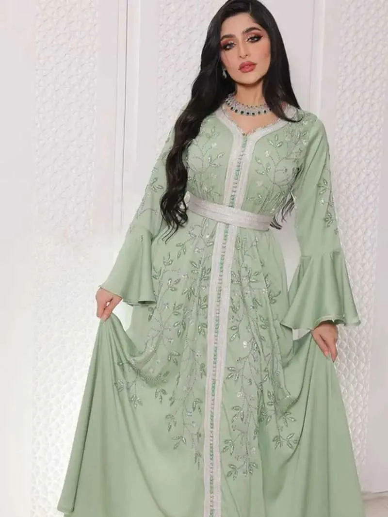 Etniska kläder Indien Turkiet Muslim Abaya klär kvinnor Elegant Diamond Wedding Evening Party Dress Lace Belt Abaya Marocko Caftan Robe T240515
