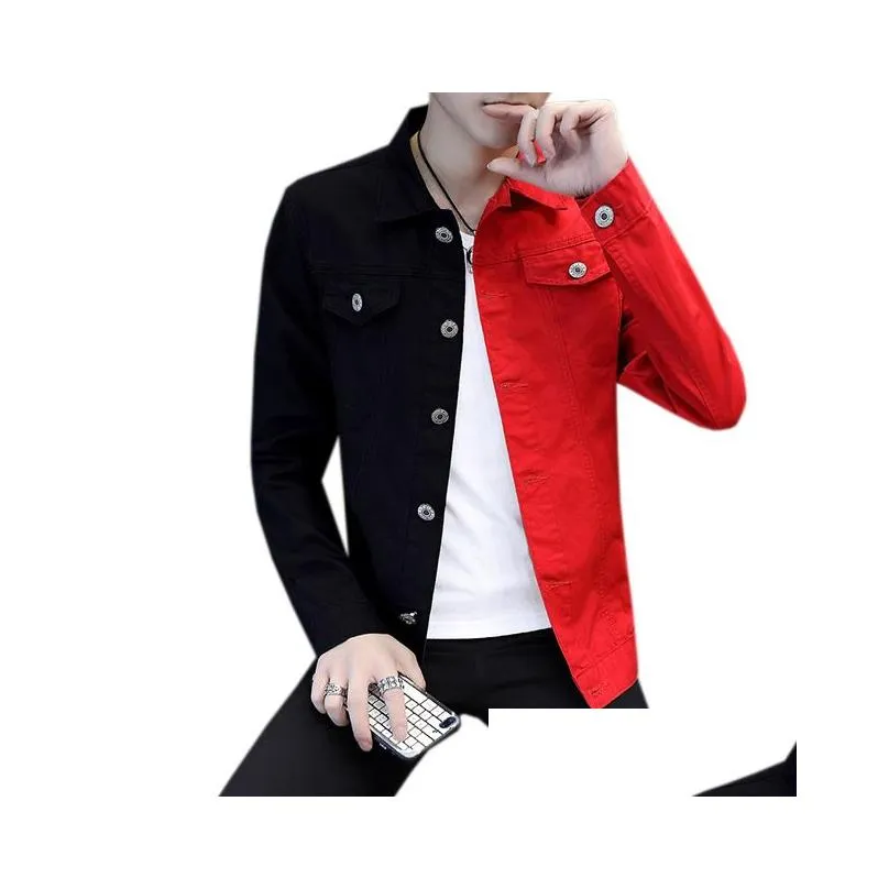 Mens Jackets Spring Autumn Men Casual Slim Denim Jacket Black White Red Color Matching Homme Letters Embroided Harajuku Style Coat D DH463