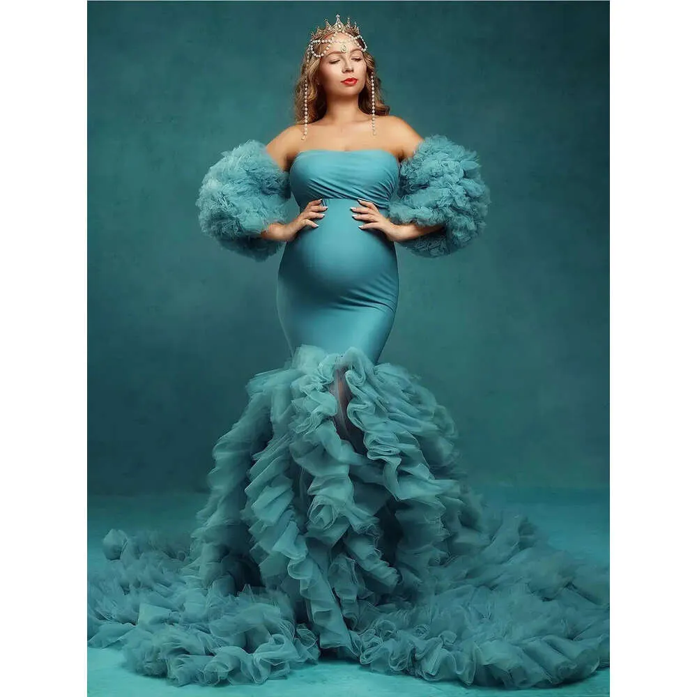Teal Blue Mermaid Maternity Dress with Removable Puffy Sleeve, Strapless  Chiffon Ball Gown for Pregnant Women, Ankle-Length Summer Evening Robe from  Dhgate Maternity Dresses - price 269.71