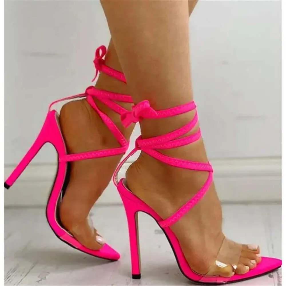 Puntige glanzende vrouwen open teen PVC patchwork Stiletto gladiator Rose roze neon gele riemen kruisen hoge hak sandalen 769d