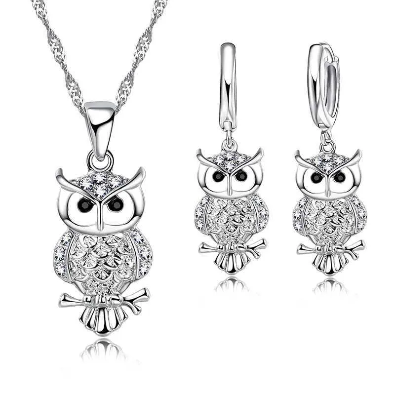 Bruiloft sieraden sets glanzend alle Afrika AAA Crystal Owl hanger ketting oorbel set beste cadeau voor vrouwen 925 sterling zilveren feestaccessoires