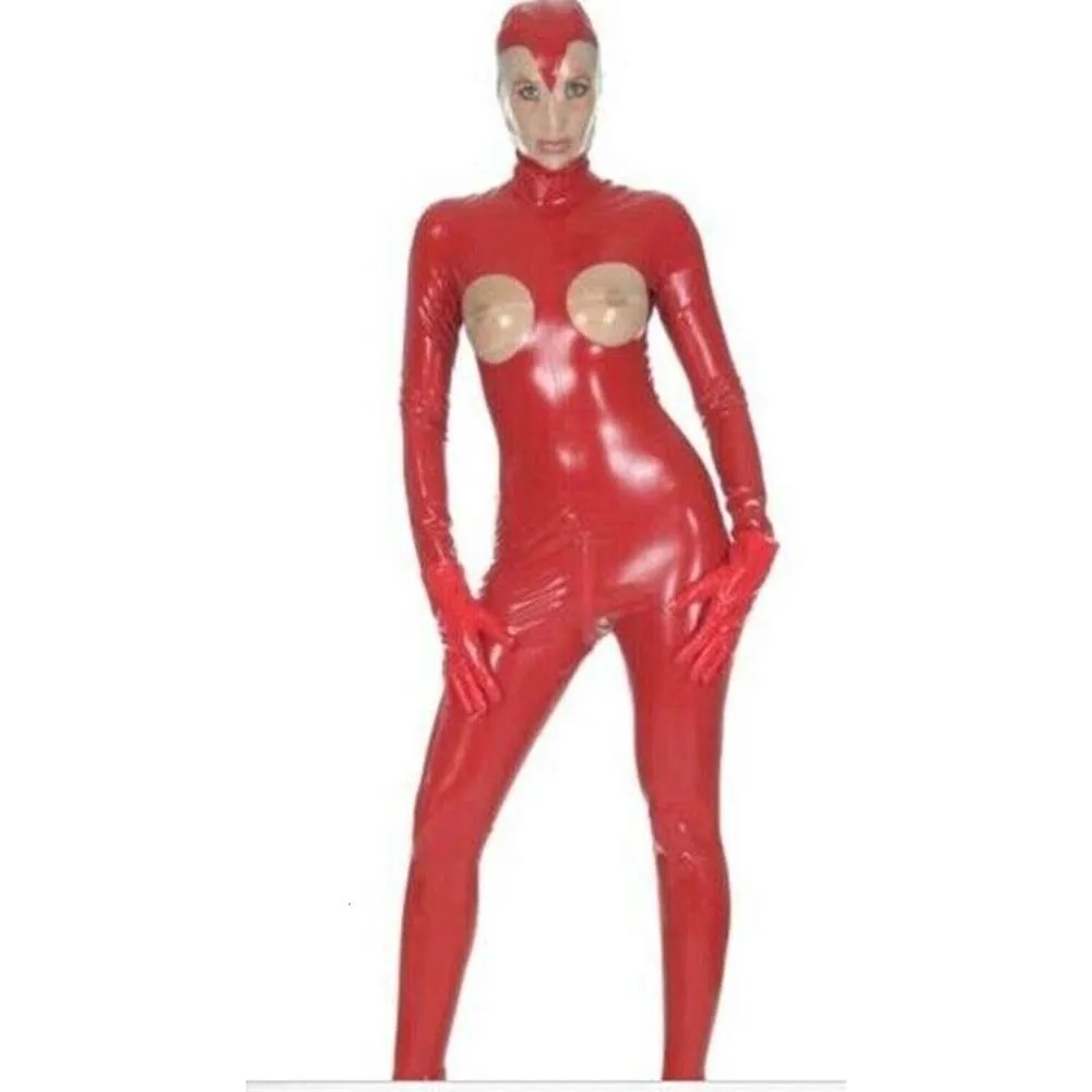 Latexdräkt gummi kvinnor full kropp sexig röd och transparenta tights kattdräkt med huvudbonad handskar