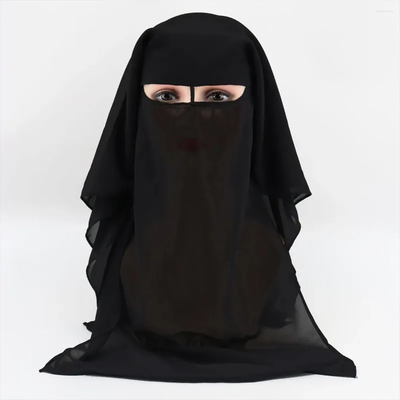 Chiffon Niqab Hijab Scarf Three-Layer Tie Back Face Mask Turban Cap  Headscarf