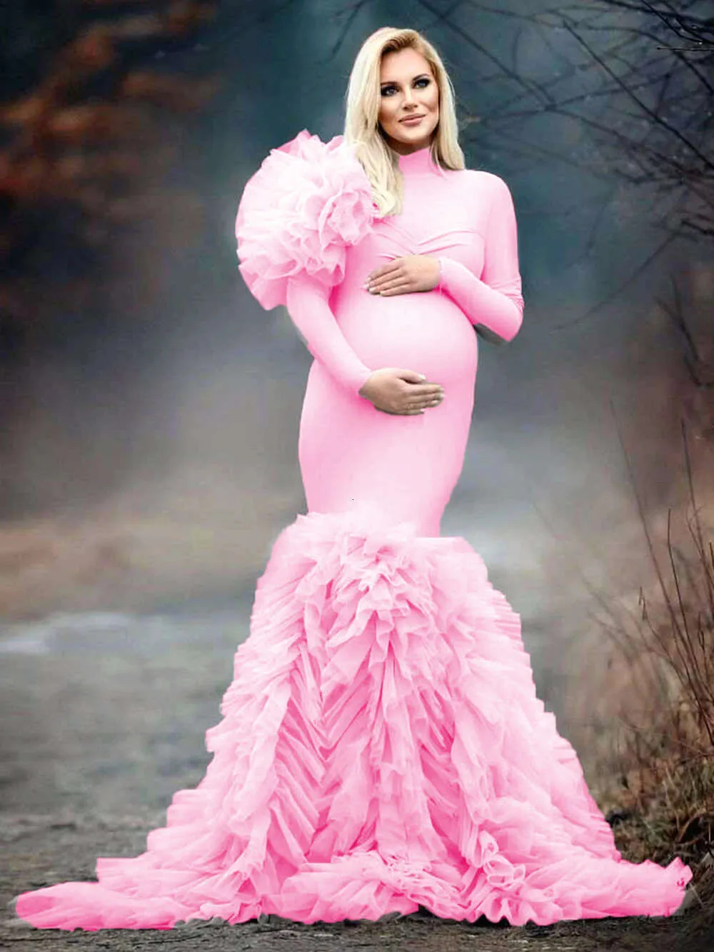 Pełne rękawy Tiulowe sukienki na bal mat ciąży wysoko szyi