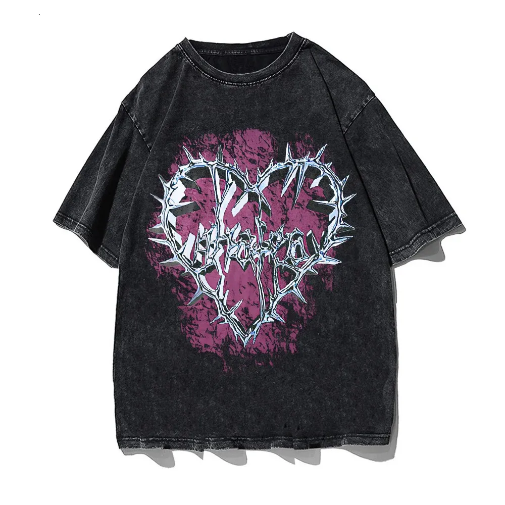 Hip Hop Street Clothing T-Shirt T-Shirt Heart Print T-Shirt Summer 100 ٪ Cotton Vintage Wash T-Shirt Usisex Top 240510