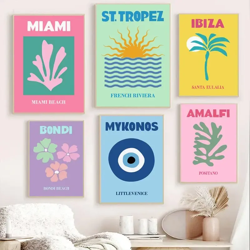 Mykonos Ibiza Miami Bondi Amalfi St.tropez Colourful Canvas Painting Travel Print Abstract Poster Murals Nordic Wall Art Decor