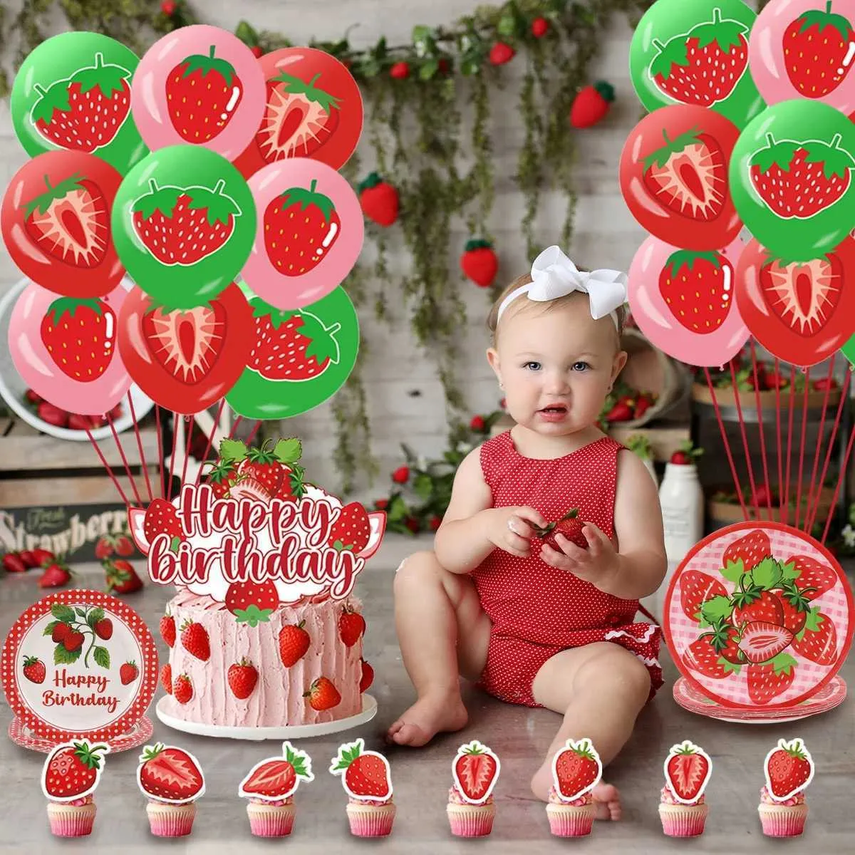 Strawberry Theme 1st Birthday Party Decorations - Complete Party Set