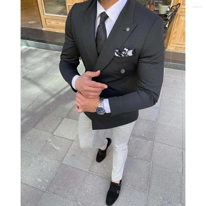 Abiti da uomo a doppio petto di alta qualità uomini lunghezza regolare blazer piatto slim forma formale business a 2 pezzi pantaloni grigi grigi