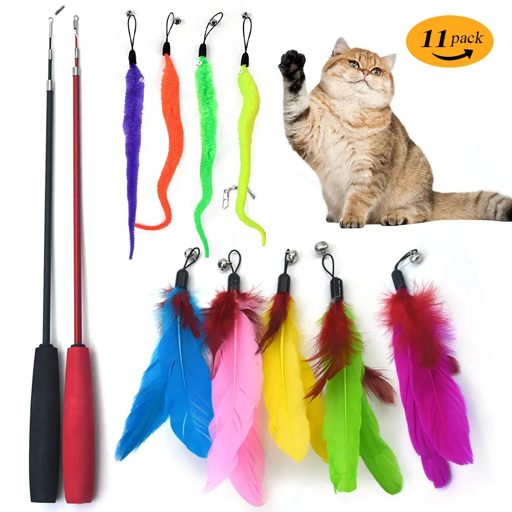 Смешная кошачья интерактивная игрушка -тизерная палочка выдвижная рыбалка с тремя секциями красочная плюш с колокольчиками.