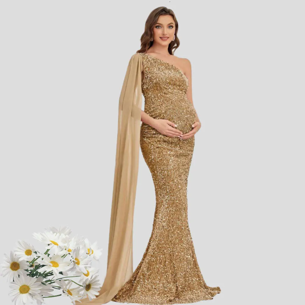 Maternity One Shoulder Side Draped Sequin Dress