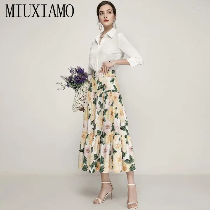 Work Dresses MIUXIMAO 2024 Spring Fashion Women Suits Party Workplace White Shirt Tops Print Half Skirt Vintage Elegant Chic Two Piece Set