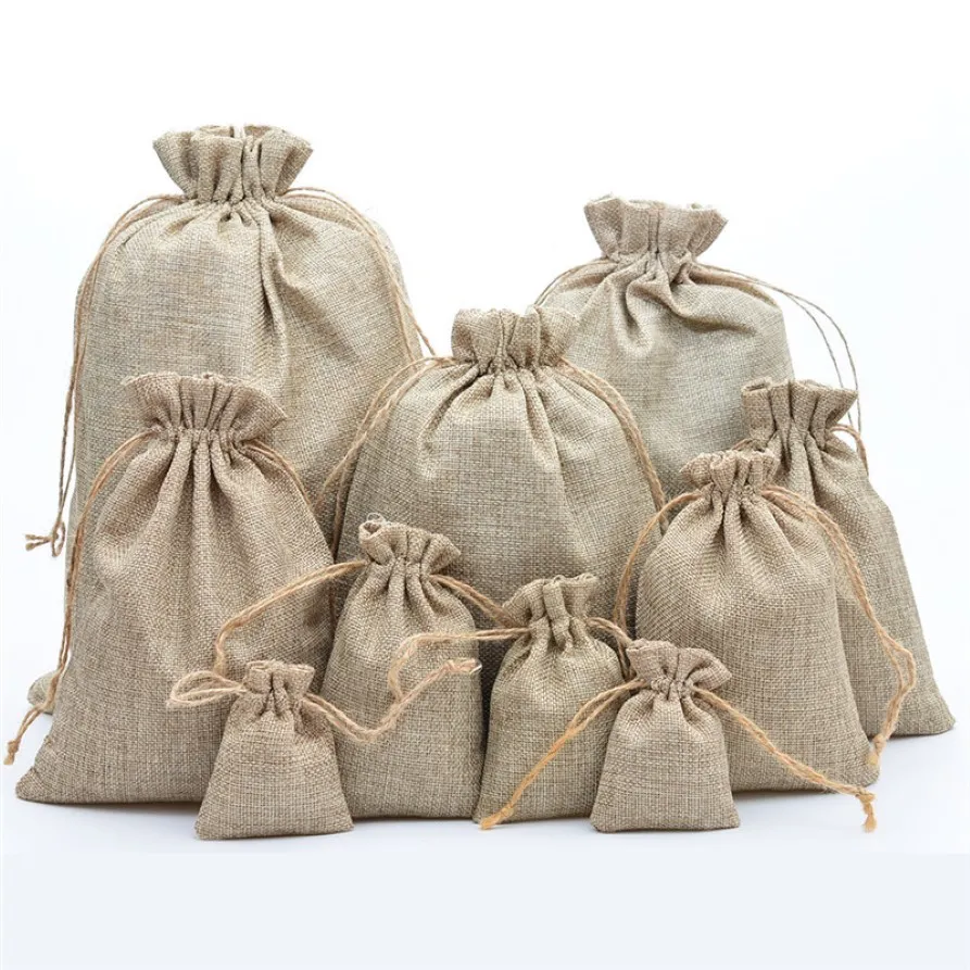 Natural Jute Drawstring Påsar Stylish Hessian Burlap Wedding Favor Holder för kaffebönor Godis Presentpåse Pouch 3225