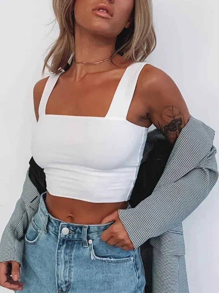 Vierkante nek mouwloze zomer crop top witte vrouwen zwart casual basi t shirt uit schouder cami sexy backless tank 240514