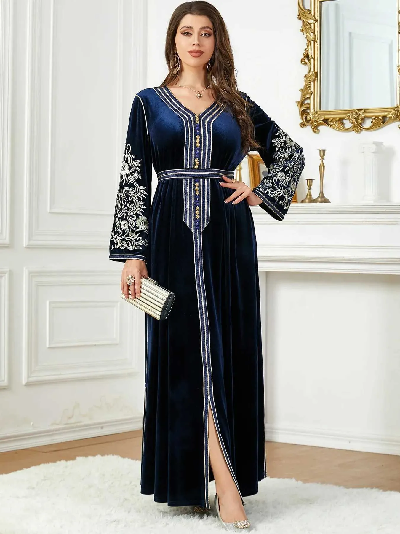 long evening dress with sleeves Long Sleeve Long Glitter-Lace Prom Dress CD989 main image 1