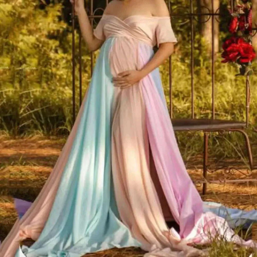 Maternity Off-Shoulder Maxi Dress Sexy Color Matching Gown for Baby  Shower Photography
