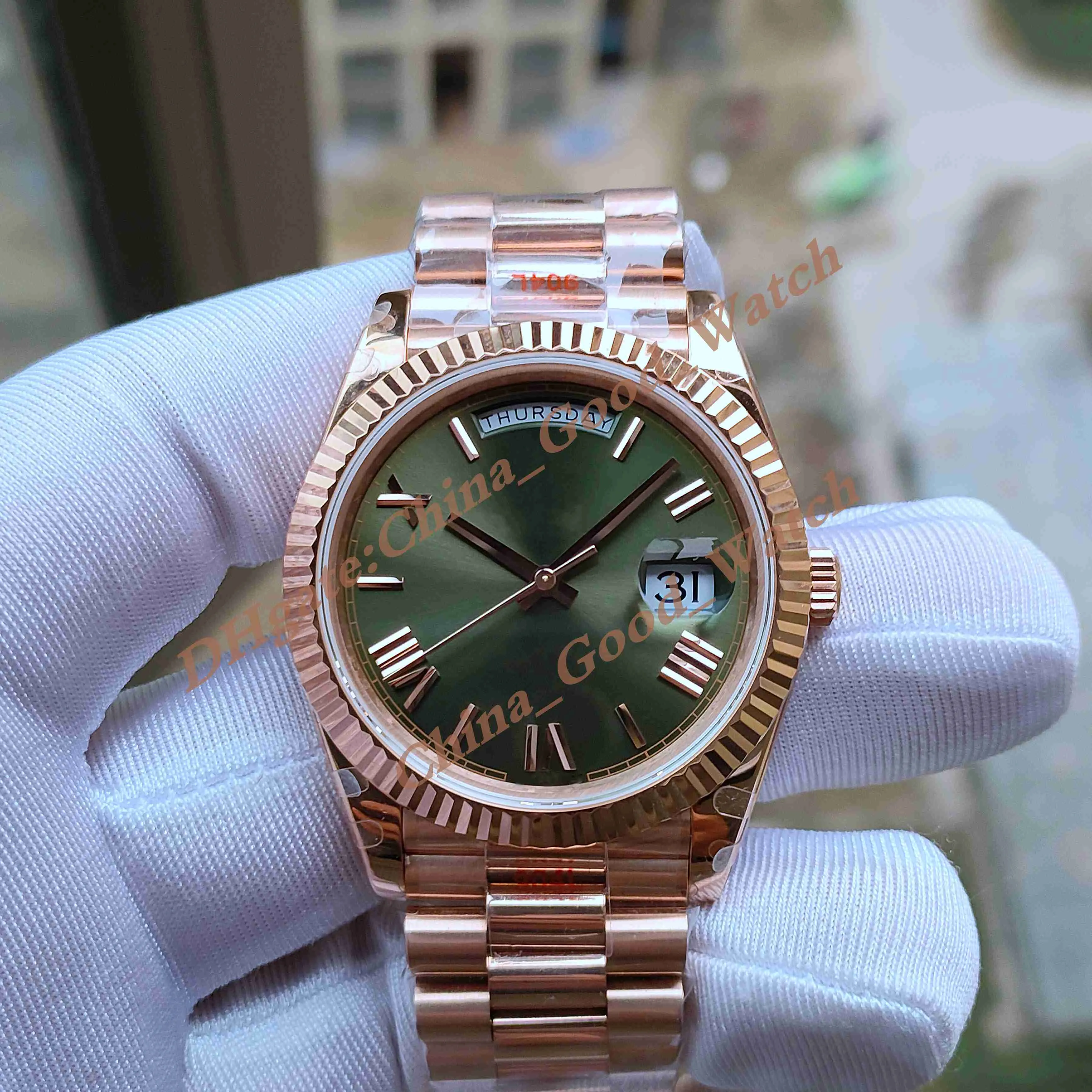 GM Factory Mens Day Date Watch 40mm Rose Gold Steel Green Dial