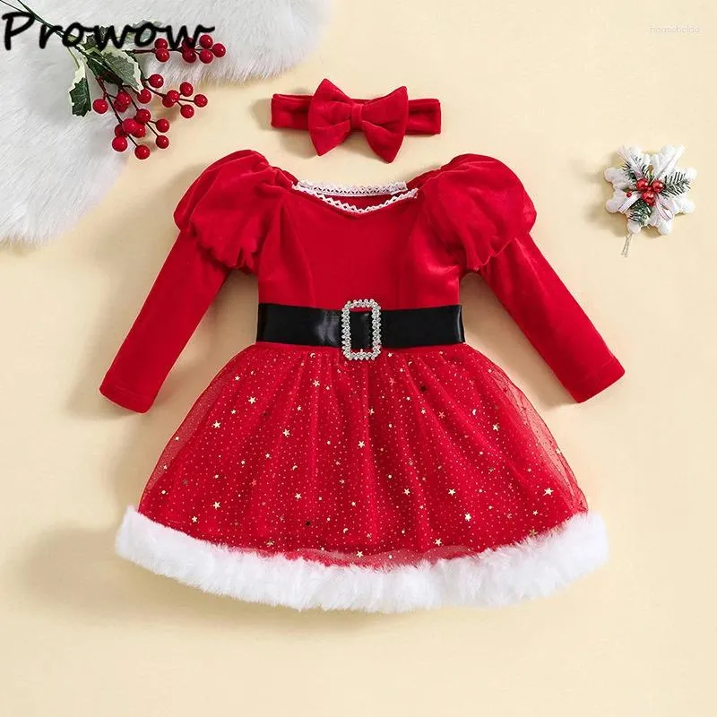 Mädchenkleider Prowow 0-5y Winter Mädchen Weihnachten für Kinder geschwollene Ärmel rotes Samt Star Plüsch Prinzessin Kleid Kinder Jahr Kostüm