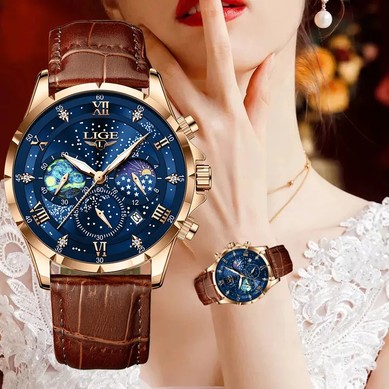 Lige Women Watches Fashion Luxury Quartz Leather Strap Moon Fas Waterproof Luminous Wristwatch Date Business Lady Clock 240515