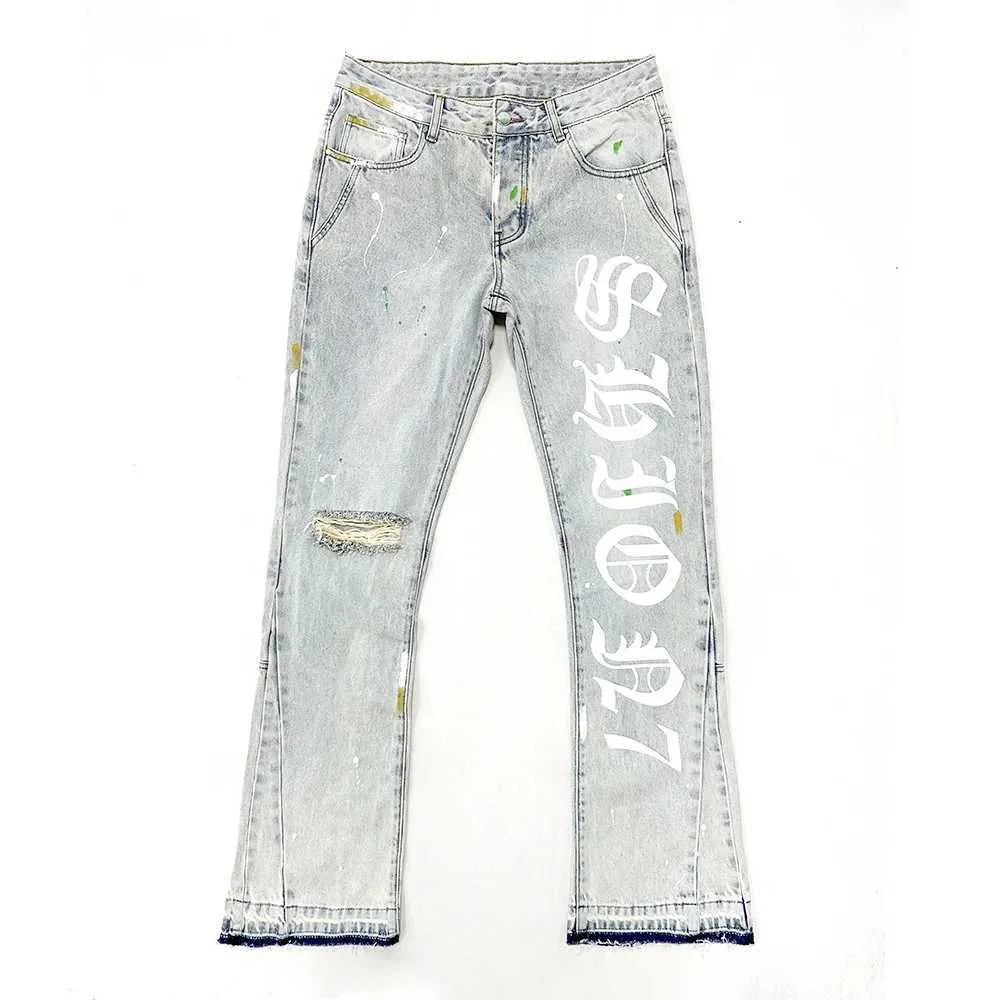 Men's Jeans American 100% Cotton Mens Flared Jeans Letter Print Open Hem Denim Pants Heavy Weight Ripped On Kn Male Trousers T240515