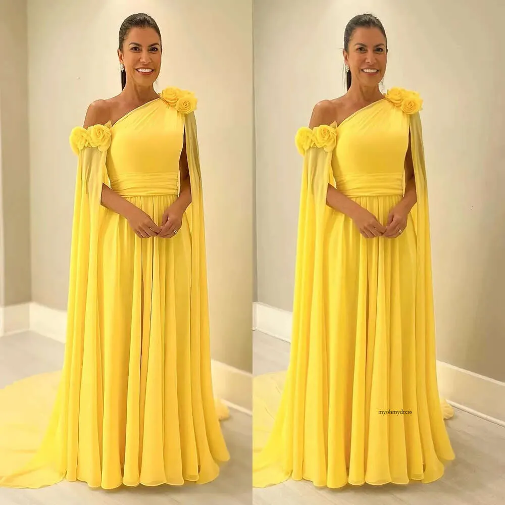 Elegant Yellow Mother Of The Bride Dresses Floral Appliqued Shoulder Wedding Guest Dress Ruffle Floor Length Evening Gowns 0516