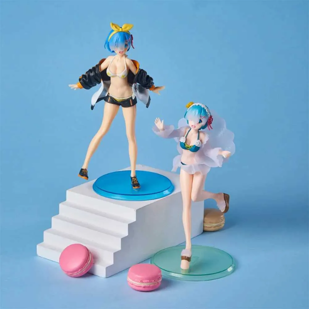 Action Toy Figures 22cm Beach Swimwear Blue Haired Girl Anime Figure Rem Twins Action Figur Rem Figur Collection Model Doll Toys Y240516