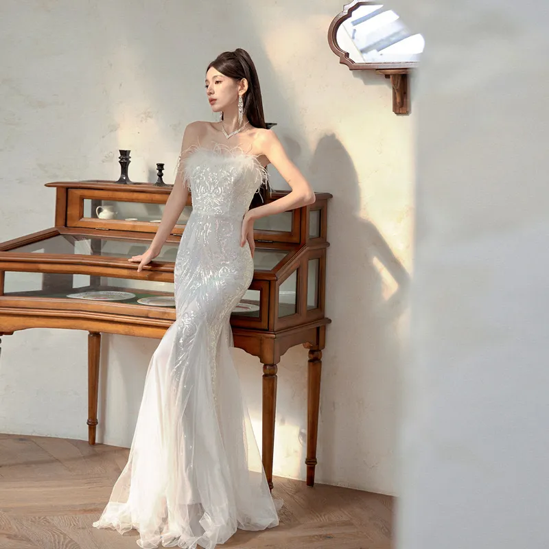 On Sale No Return No Refund Sparkly Luxury Crystal Sequined Tulle Evening Dress Elegant Mermaid LA6400