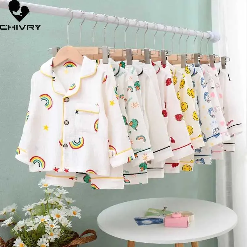 Pajamas Childrens Summer Thin Pajama Set New 2023 Boys and Girls Cotton Linen Cartoon Long sleeved Flip Collar Shirt Top Baby Pajamas d240516