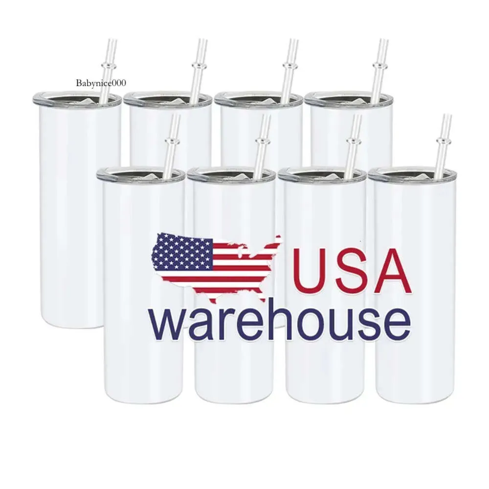 USA CAN Stocked 20Oz Mugs Stainless Steel Blanks White Straight Slim Sublimation Tumblers Double Walled Insulated Water Bottles 0516