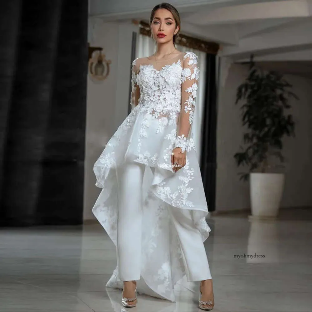 Outdoor 3D Floral Lace Applique Bobo Jumpsuit j lo wedding dress with Illusion Crew Neck and Long Sleeves