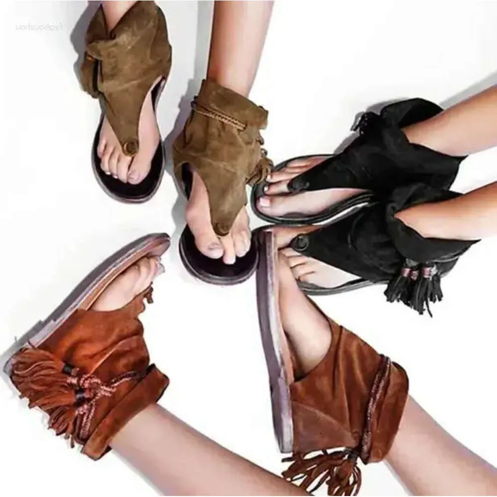 Kvinnor tå Rom Peep Sandals Fashion Flats Retro Style Fringe Gladiator Casual Dress Shoes Woman Big Size 34-41 Summer Slipeers 587 D 10A7