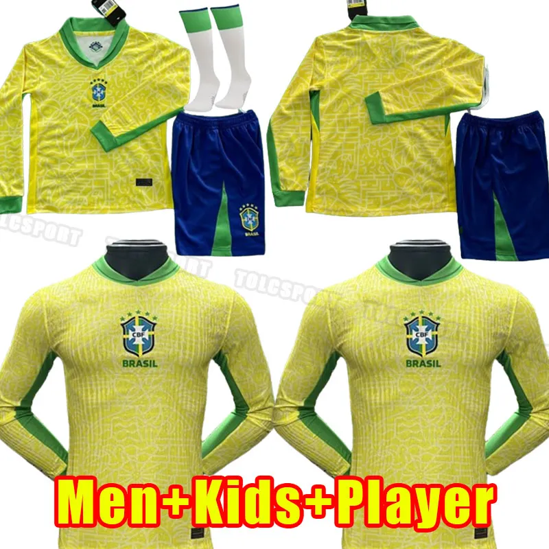 Homens+crianças de manga longa Brasilis Soccer Jerseys 2024 Paqueta Coutinho Firmino Brasil 24 25 Neymar Jr Vini Silva Dani Alves Pele Home Away Fãs Jogador de fãs