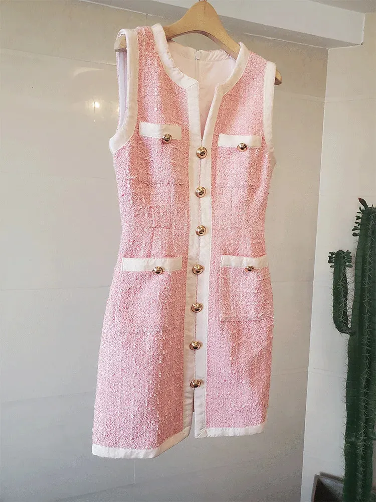 DHgate.com:Sweet Pink Tweed Dress: Sleeveless V-neck 4