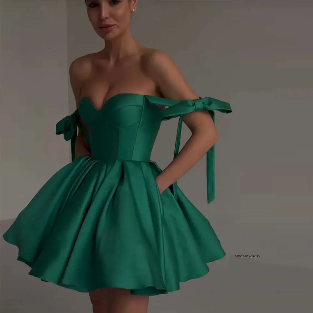 green off the shoulder homecoming dress Strapless Short Puff-Sleeve Homecoming Dress -PromGirl Sage / 8