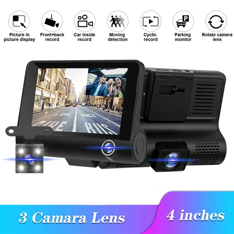 Driving Recorder Car DVR HD 1080P 3 Lens 170 Degree 4.0 Inch Dash Camera Rear View Parking Surveillance Cameras Automatic Video Motion Detection
