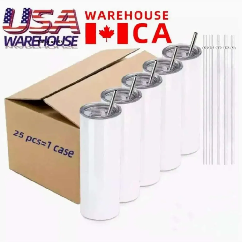 CA USA Warehouse 25pc/카톤 승화 텀블러 20oz 스테인리스 스틸 이중 벽 절연 직선 블랭크 흰 물 컵 뚜껑과 열 전달을위한 빨대 0516