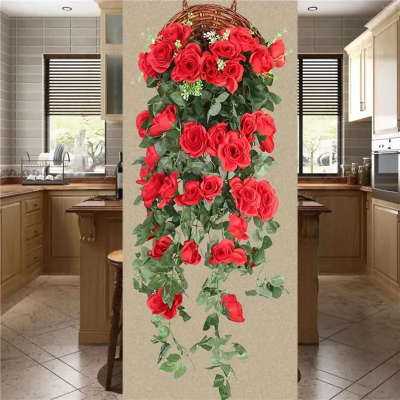 Decorative Flowers Artificial Rose Fake Hanging Plant Wall Home Balcony Basket Decor Pack Of 2