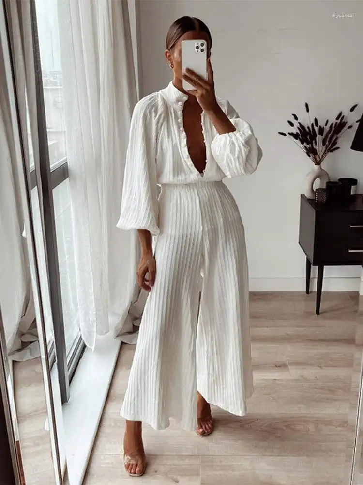 Women's Two Piece Pants Women Elegant Solid Loose Shirt Suit Fashion Stand Collar Lantern Long Sleeves Single Breasted Top Flared Set Outfit