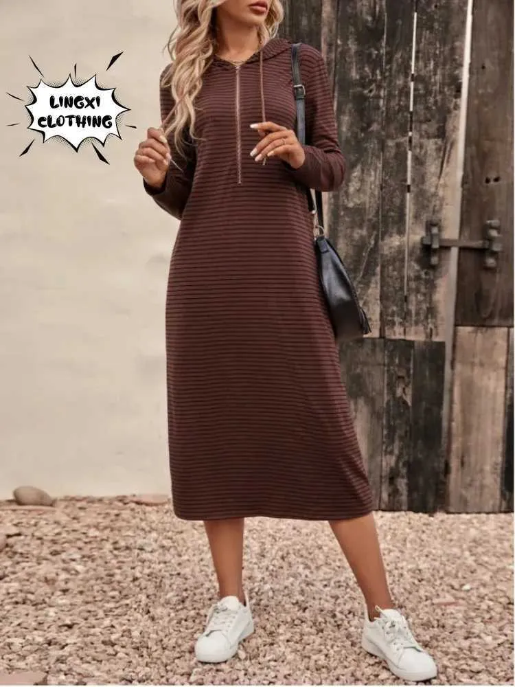 Womens Hooded Long Casual Sweater Dress with Striped Cotton Blend Fabric  and Elastic Pocket, Ankle-Length Pullover for Summer