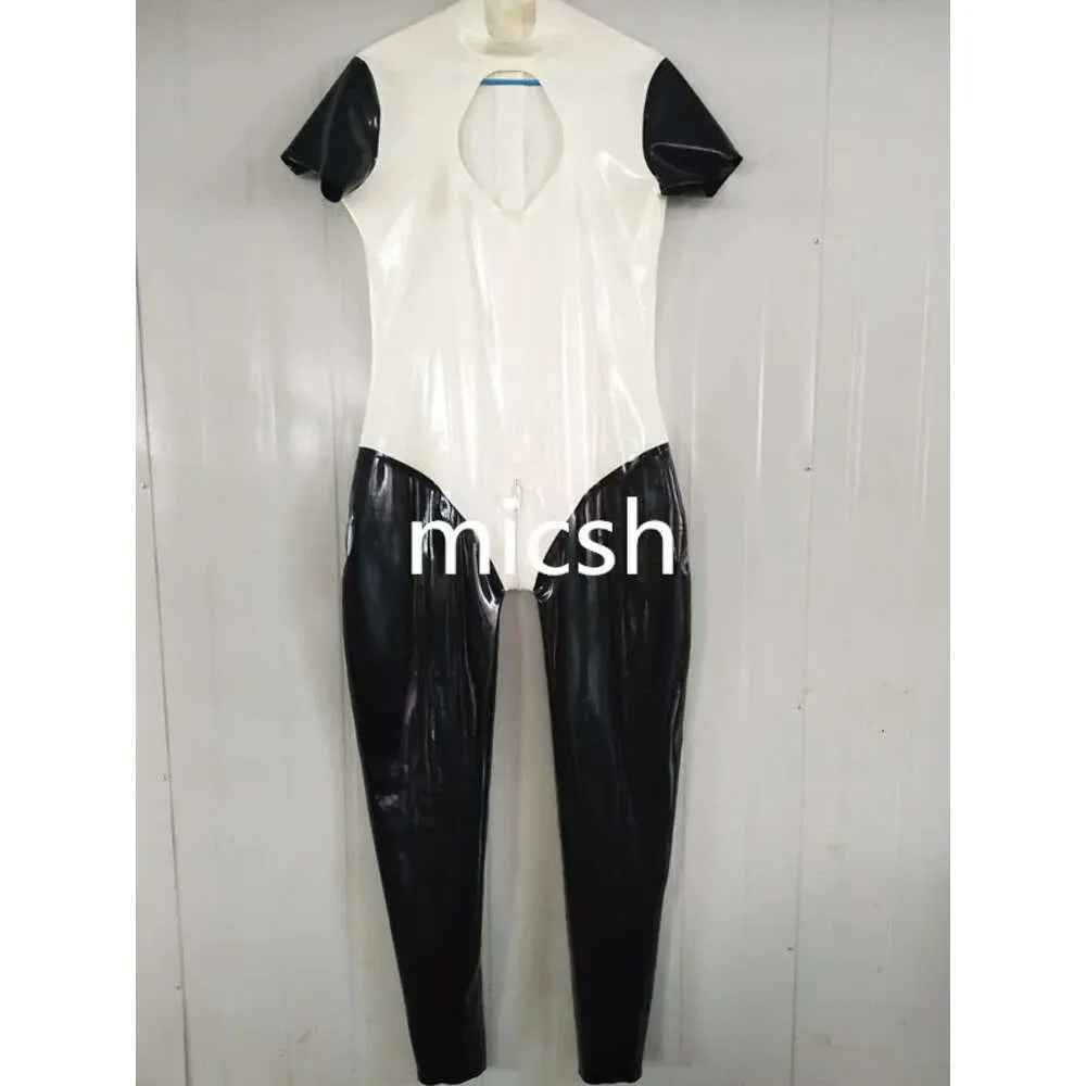 Pure 100% Latex Unisex Black and White Short Slevees Bodysuit Party Size XS-XXL