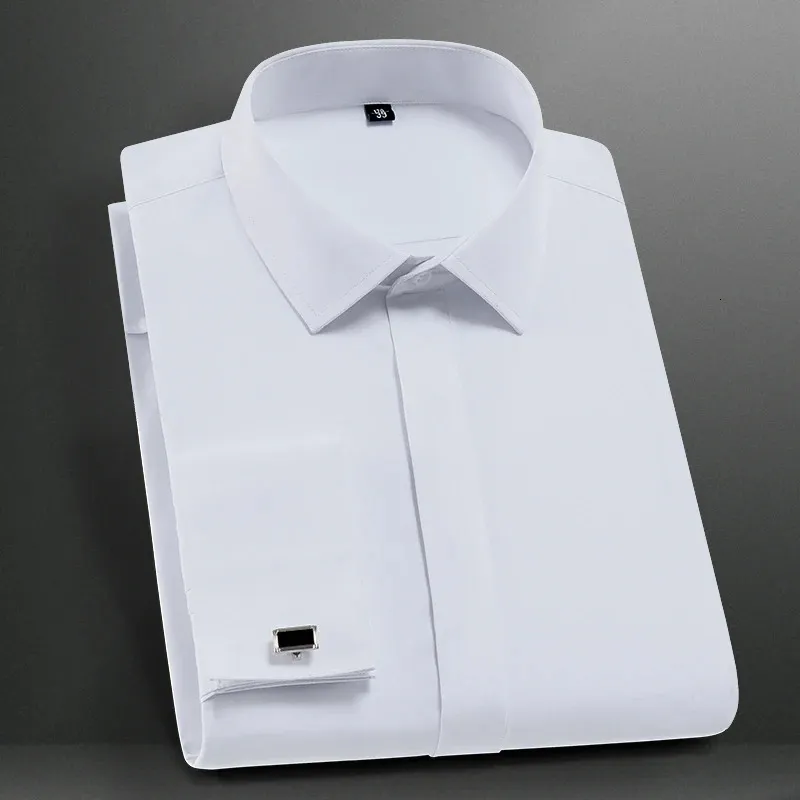 Solid Mens Classic French Cuffs Dress Shirt Långärmad täckt Packet Formal Business StandardFit Design Wedding White Shirts 240426